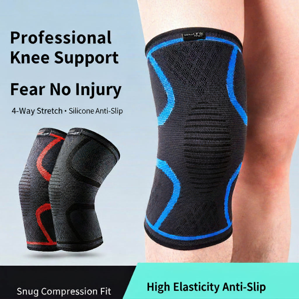 A knee support compression sleeve shown on a person's knee, with two smaller product views on the left. The main sleeve is black with bright blue curved panels, and the smaller left product is black with red curved panels.